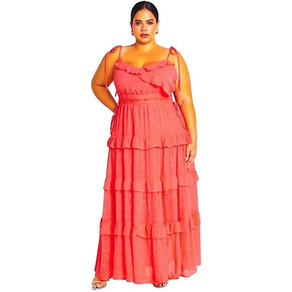 City Chic Women's Plus Size Ruffle Tiered Maxi Renee Dress Calypso Coral Size 14 - Picture 1 of 16